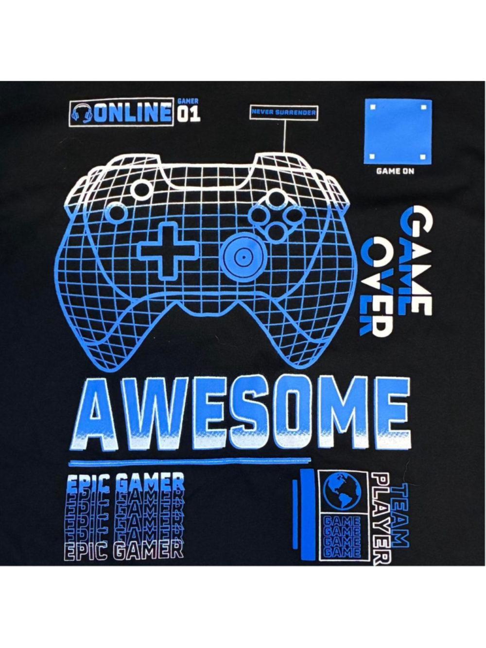Seven Souls black t-shirt with blue game controller graphic and text

Boys size